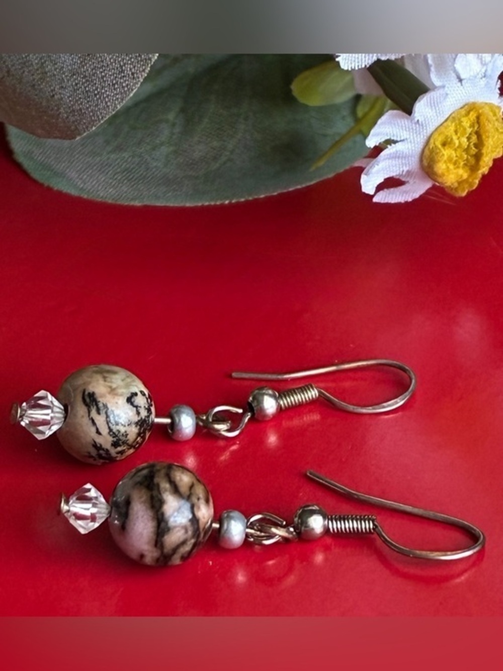 925 Silver Earrings,Black and Cream Marble Bead Drop Earrings with Silver.